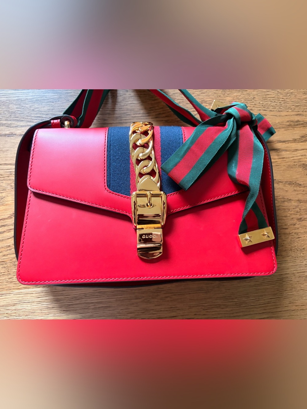 Gucci Red and Navy Sylvie Structured Shoulder Bag with Gold Accents